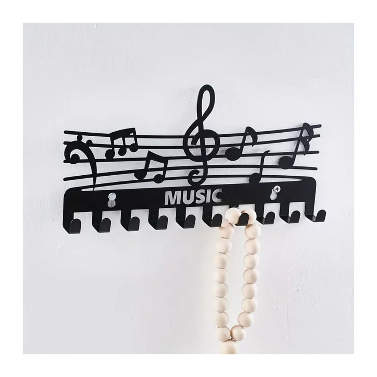 CIFBUY Wandregal aus Metall in Form von Musiknoten mit Schlüsselhaken und Garderobe, Schwarz, minimalistisches Design zur Wandmontage - Bild 1