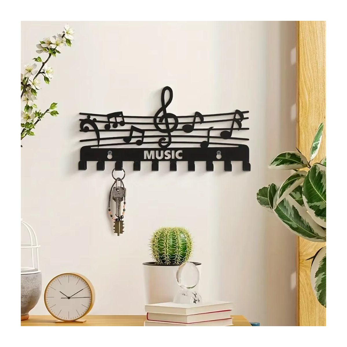 CIFBUY Wandregal aus Metall in Form von Musiknoten mit Schlüsselhaken und Garderobe, Schwarz, minimalistisches Design zur Wandmontage - Bild 3