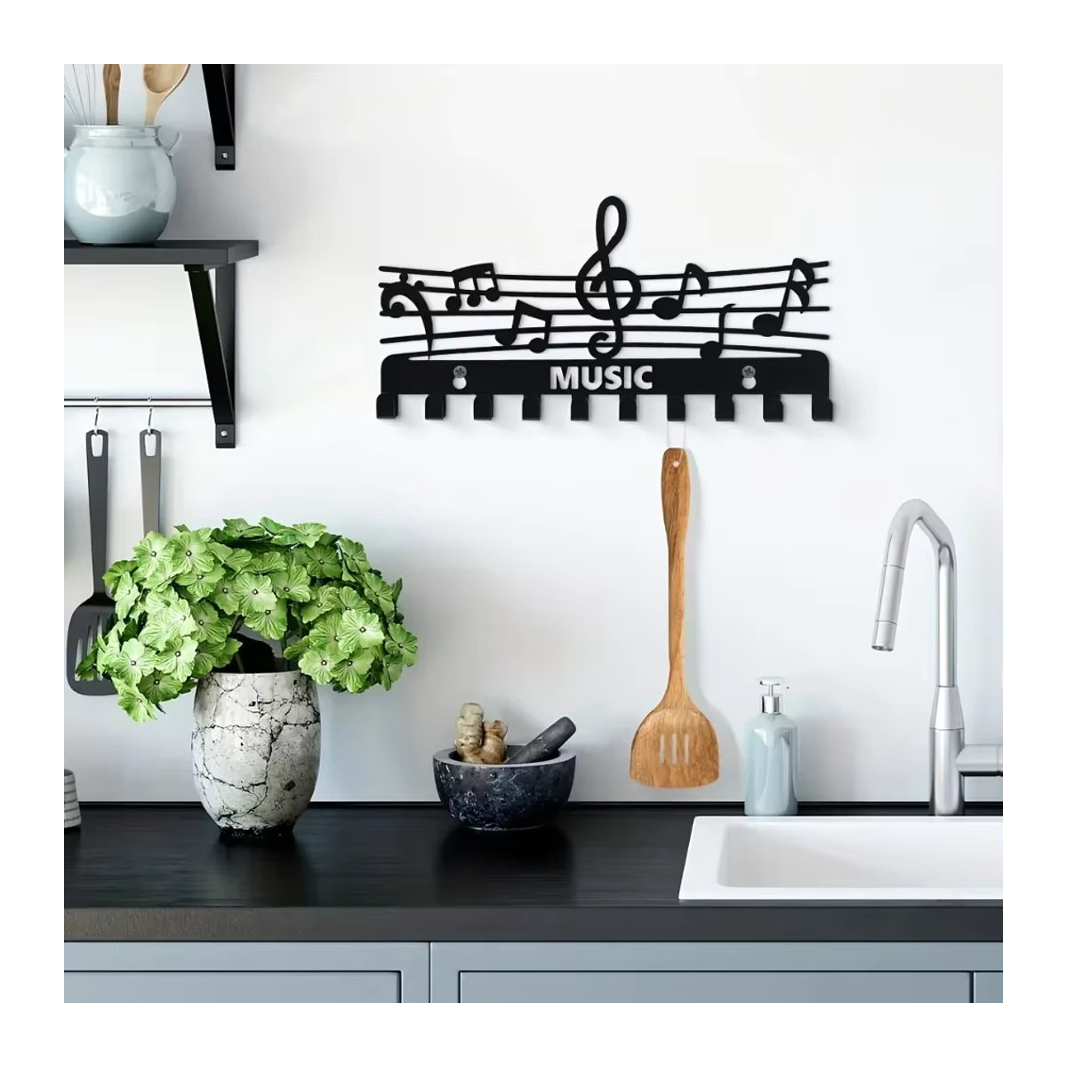 CIFBUY Wandregal aus Metall in Form von Musiknoten mit Schlüsselhaken und Garderobe, Schwarz, minimalistisches Design zur Wandmontage - Bild 4