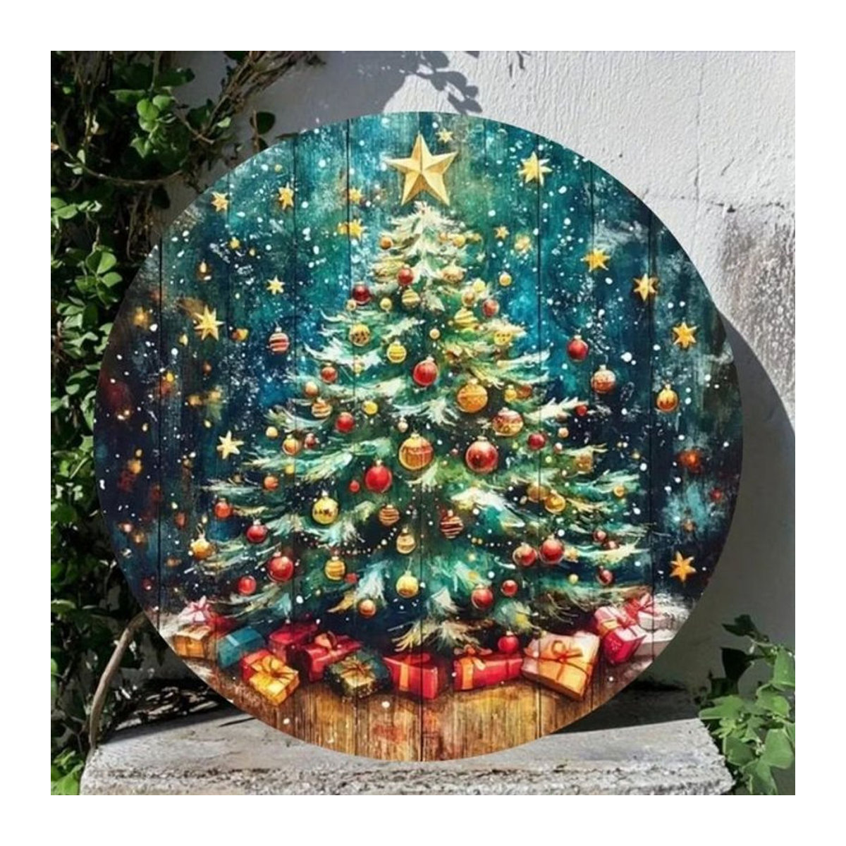CIFBUY Weihnachtliches Metallschild rund mit Sternen und Weihnachtsbaum-Motiv, mehrfarbig, Durchmesser: 20,3 cm - Bild 1