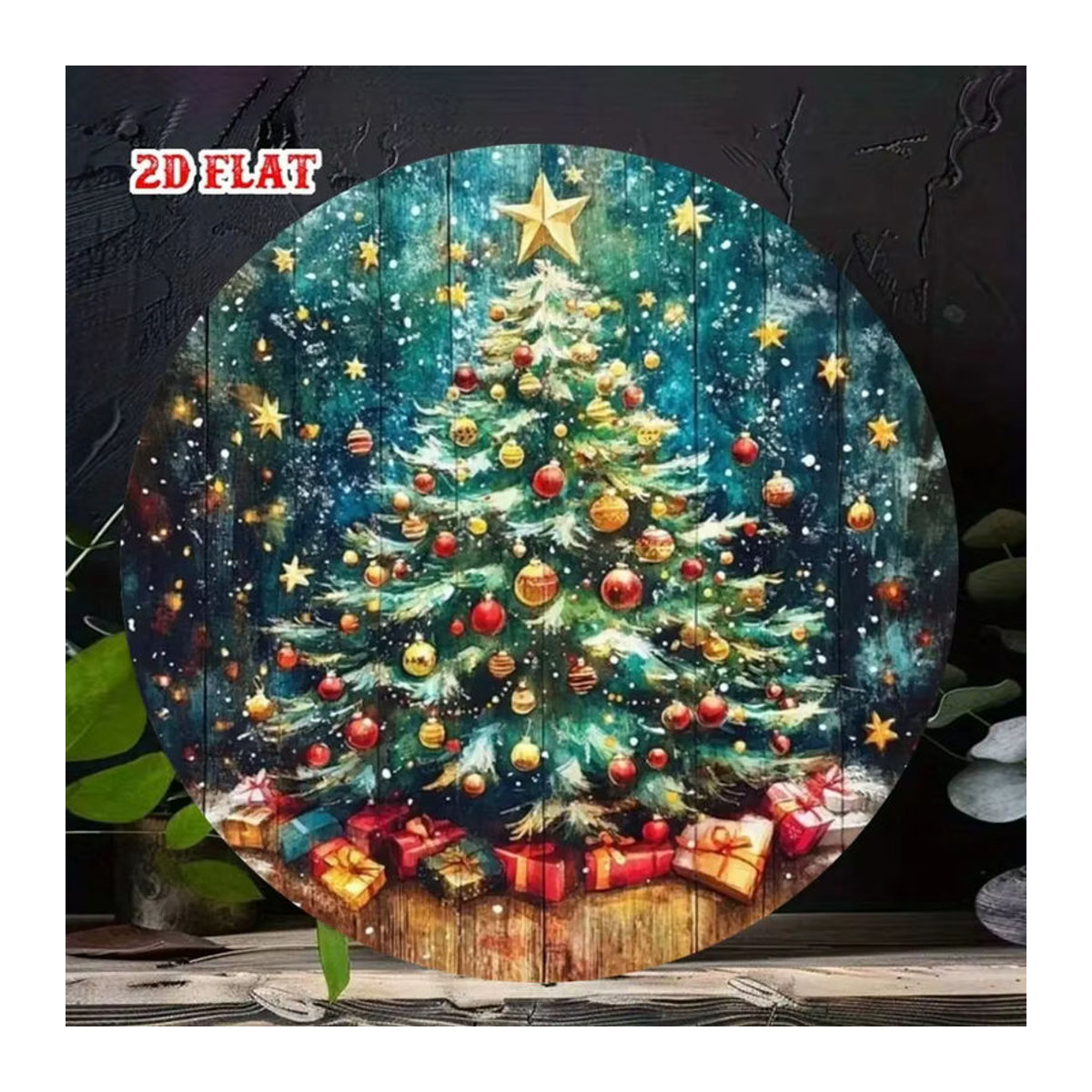 CIFBUY Weihnachtliches Metallschild rund mit Sternen und Weihnachtsbaum-Motiv, mehrfarbig, Durchmesser: 20,3 cm - Bild 2