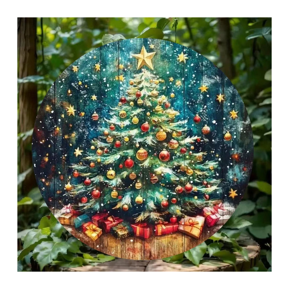 CIFBUY Weihnachtliches Metallschild rund mit Sternen und Weihnachtsbaum-Motiv, mehrfarbig, Durchmesser: 20,3 cm - Bild 4