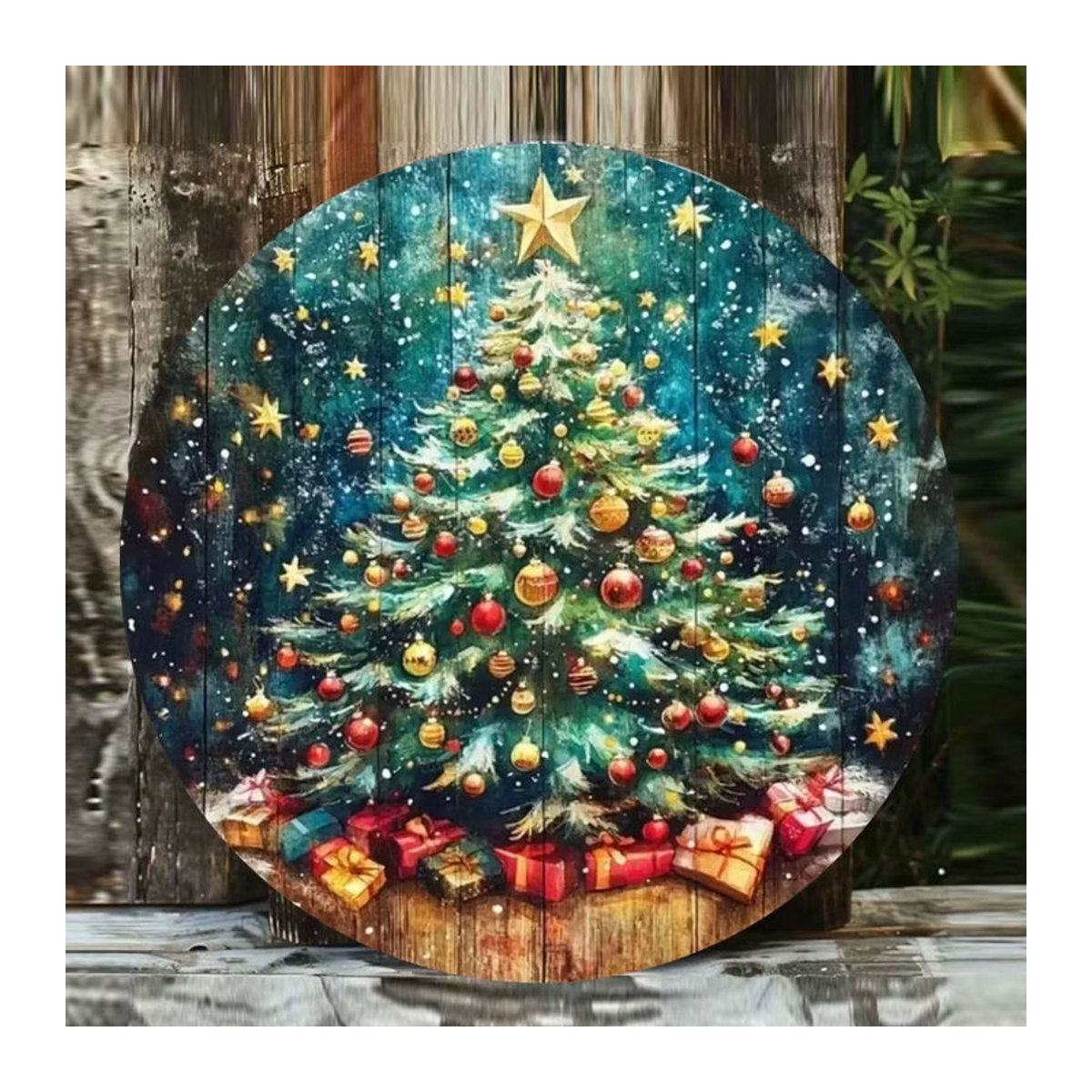 CIFBUY Weihnachtliches Metallschild rund mit Sternen und Weihnachtsbaum-Motiv, mehrfarbig, Durchmesser: 20,3 cm - Bild 5