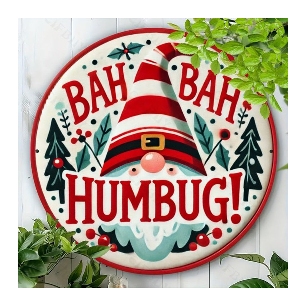 CIFBUY Weihnachts-Wandkunstschild aus Metall mit Bah Humbug Typografie und Weihnachtsmütze, mehrfarbig, Hochformat - Bild 1