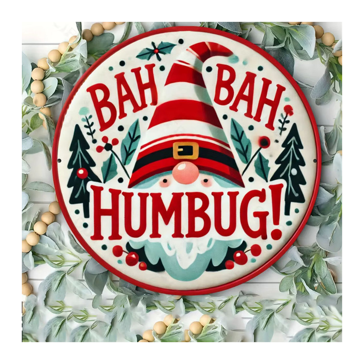 CIFBUY Weihnachts-Wandkunstschild aus Metall mit Bah Humbug Typografie und Weihnachtsmütze, mehrfarbig, Hochformat - Bild 2