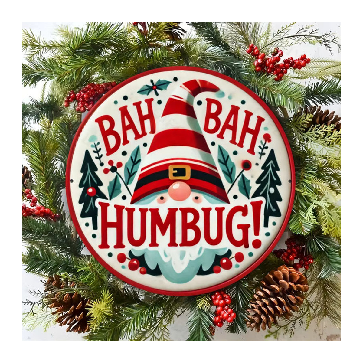 CIFBUY Weihnachts-Wandkunstschild aus Metall mit Bah Humbug Typografie und Weihnachtsmütze, mehrfarbig, Hochformat - Bild 4