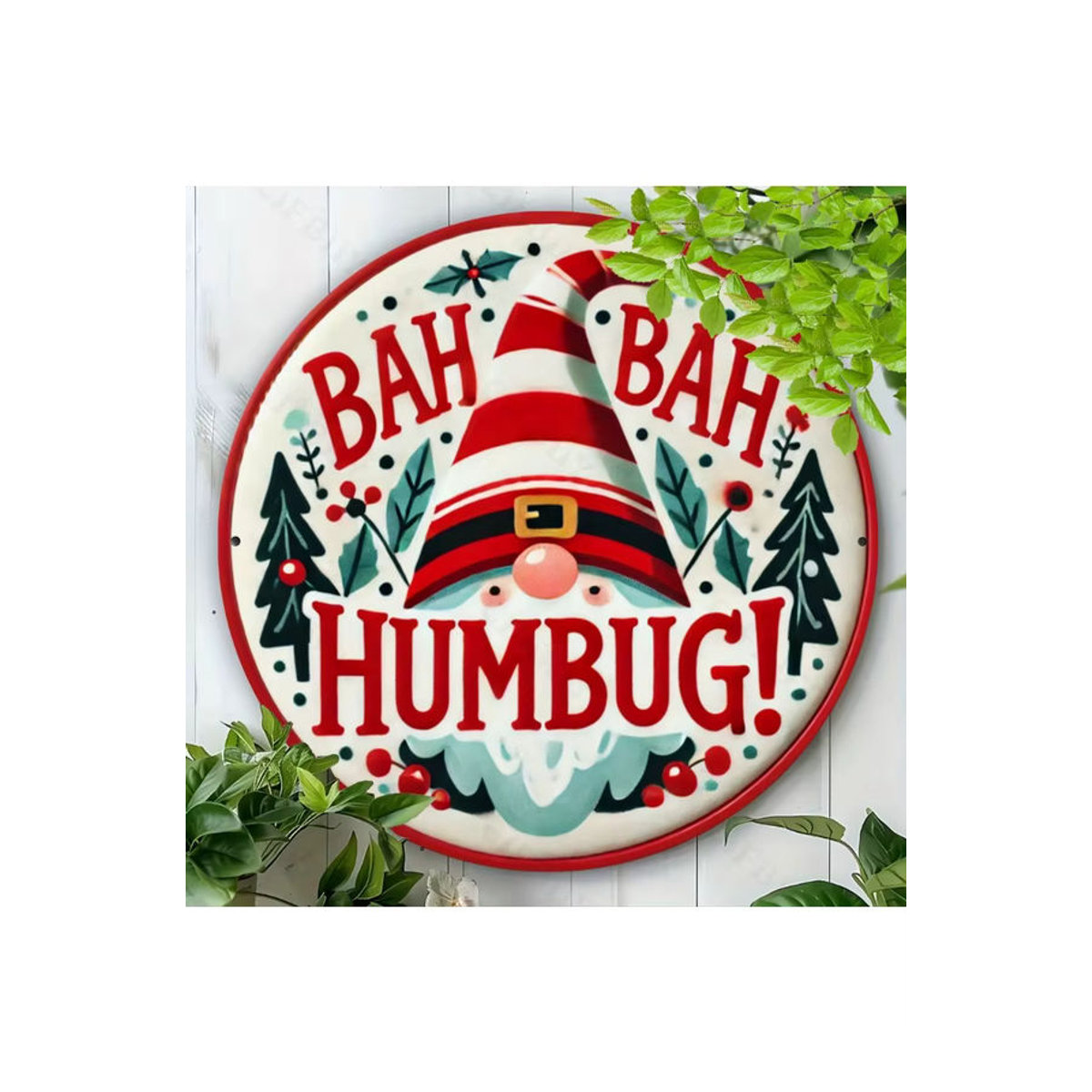 CIFBUY Weihnachts-Wandkunstschild aus Metall mit Bah Humbug Typografie und Weihnachtsmütze, mehrfarbig, Hochformat - Bild 5