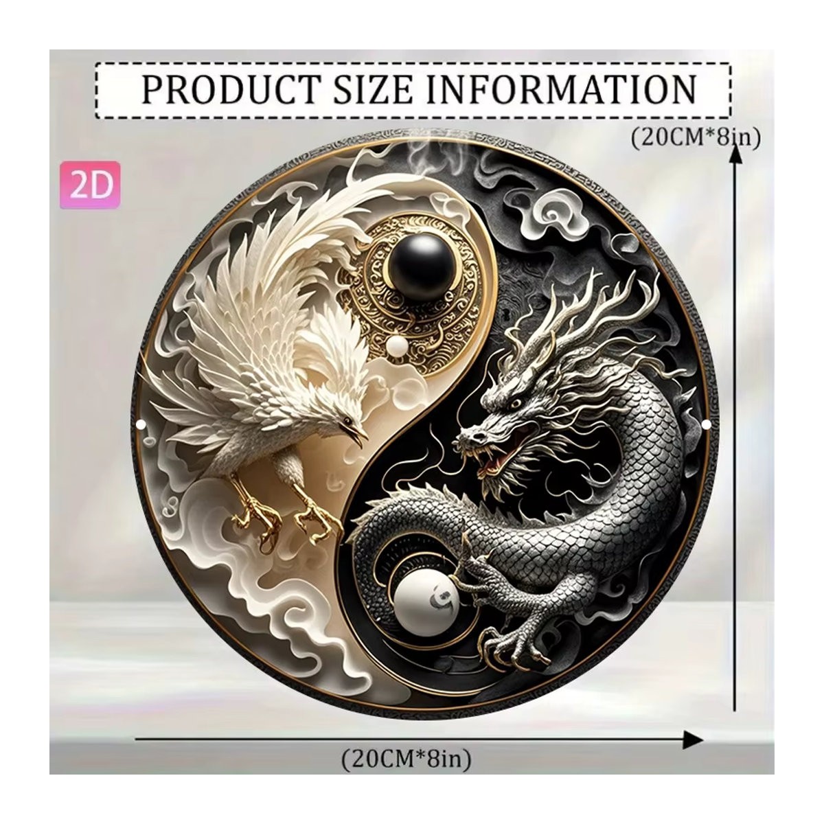 CIFBUY Yin Yang Wandkunst Metallschild mit Drache und Phönix in Rund und Mehrfarbig - Bild 2