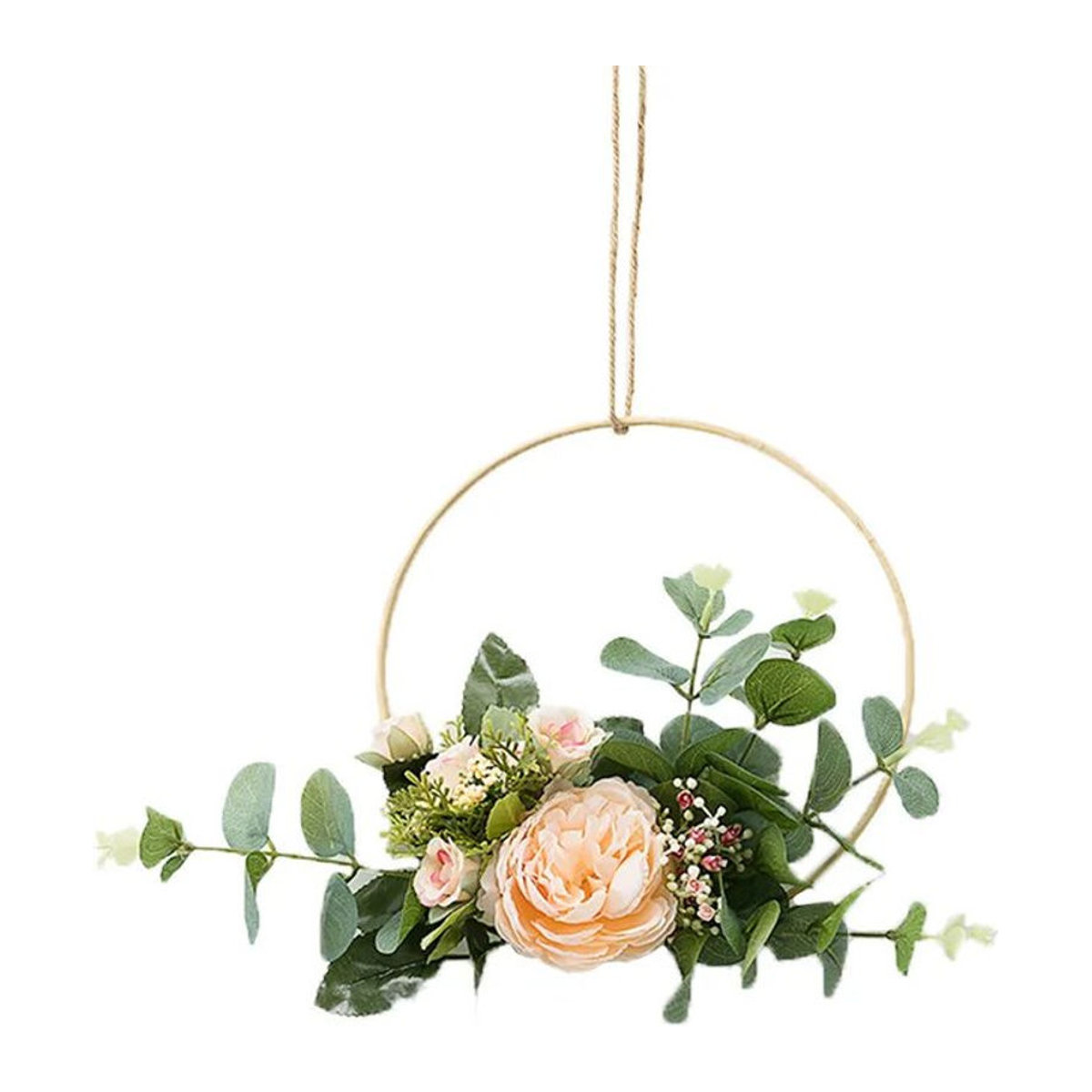 Cilected Holzreifen-Blumenkranz mit künstlichen Rosen und Eukalyptus als runder Wandbehang in Weiß und Mehrfarbig für Bohemian Hochzeitsdekorationen - Bild 1