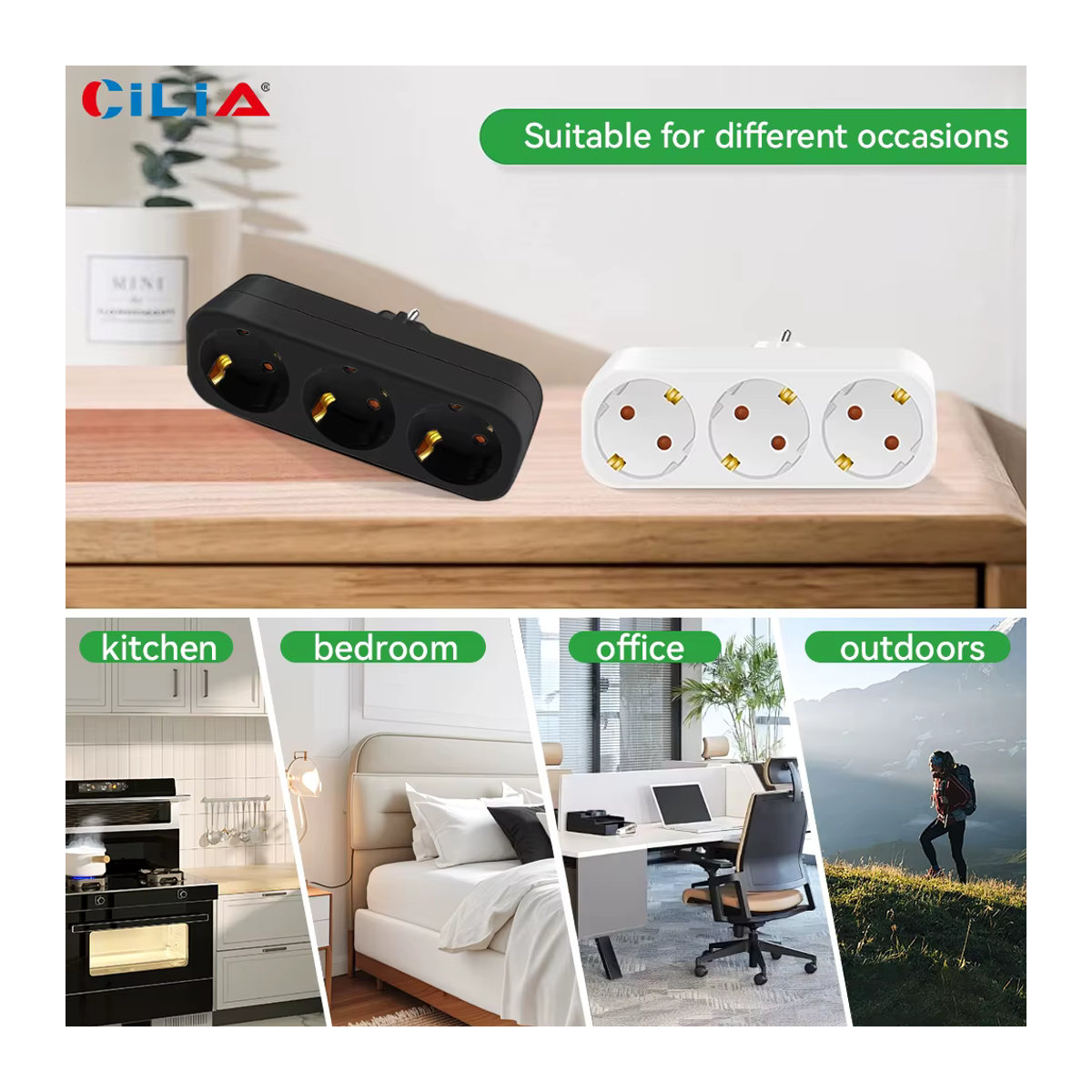 CILIA Dreifach-Schuko-Adaptersteckdose in Weiß, platzsparende Mehrfachsteckdose ohne Kabel, max. 3680 W 250 V/16 A - Bild 4