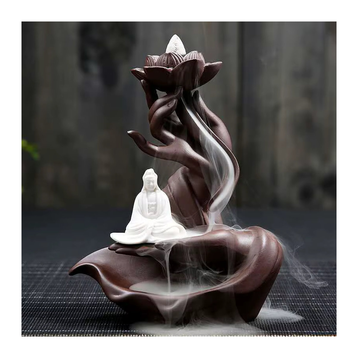 Ciqcai Keramik Weihrauchbrenner Buddha in Braun mit Rückfluss-Effekt für Räucherkegel - Bild 1