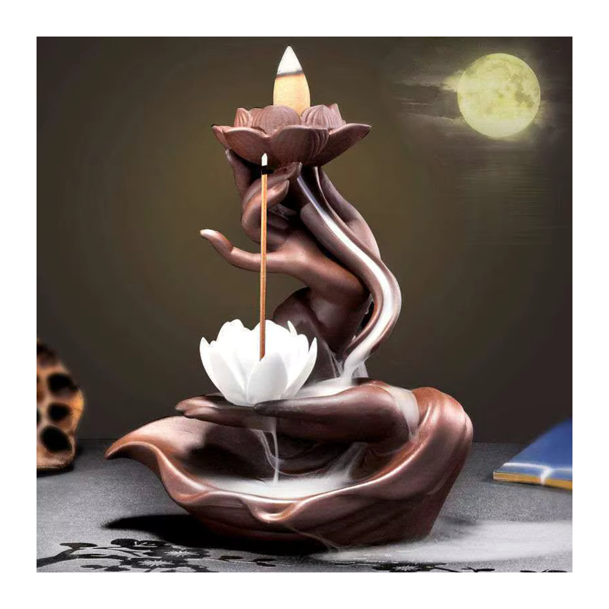 Ciqcai Keramik Weihrauchbrenner Buddha in Braun mit Rückfluss-Effekt für Räucherkegel - Bild 2