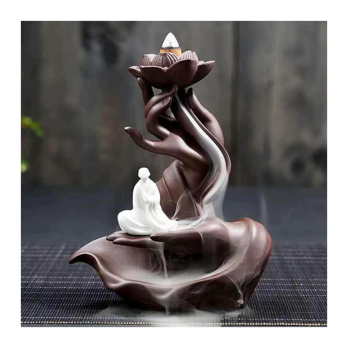Ciqcai Keramik Weihrauchbrenner Buddha in Braun mit Rückfluss-Effekt für Räucherkegel - Bild 3