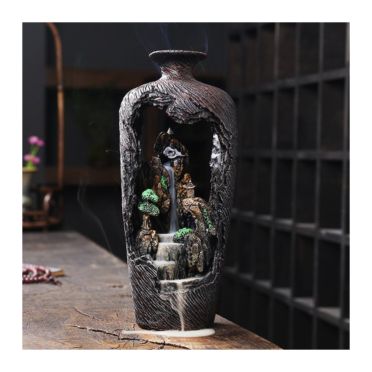 Ciqcai Rückfluss-Aromatherapie-Brunnen mit LED-Beleuchtung und Vernebler, Berglandschaft aus Polyresin, Schwarz - Bild 1