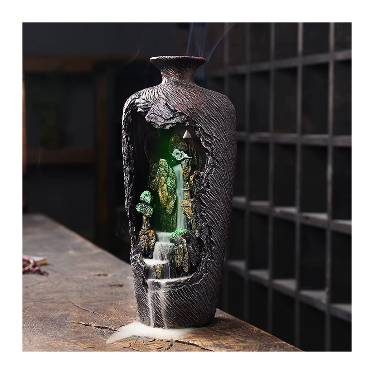 Ciqcai Rückfluss-Aromatherapie-Brunnen mit LED-Beleuchtung und Vernebler, Berglandschaft aus Polyresin, Schwarz - Bild 3