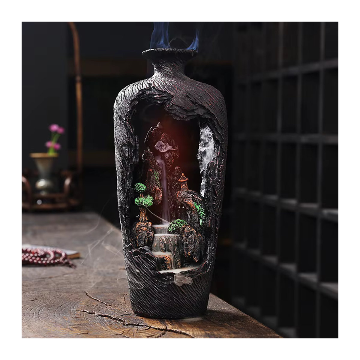 Ciqcai Rückfluss-Aromatherapie-Brunnen mit LED-Beleuchtung und Vernebler, Berglandschaft aus Polyresin, Schwarz - Bild 4