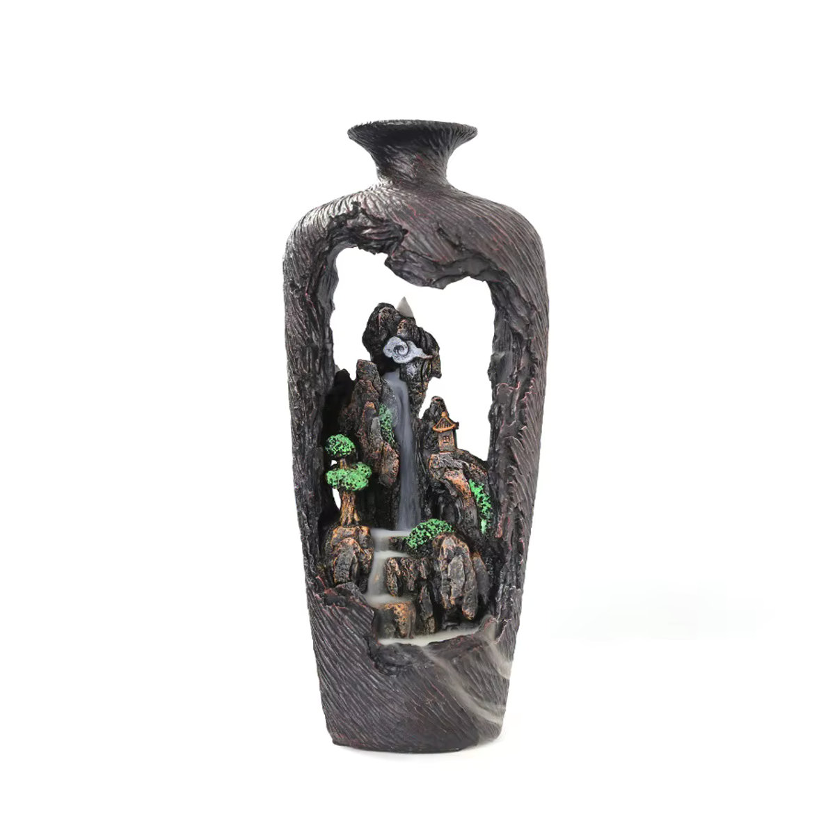 Ciqcai Rückfluss-Aromatherapie-Brunnen mit LED-Beleuchtung und Vernebler, Berglandschaft aus Polyresin, Schwarz - Bild 6