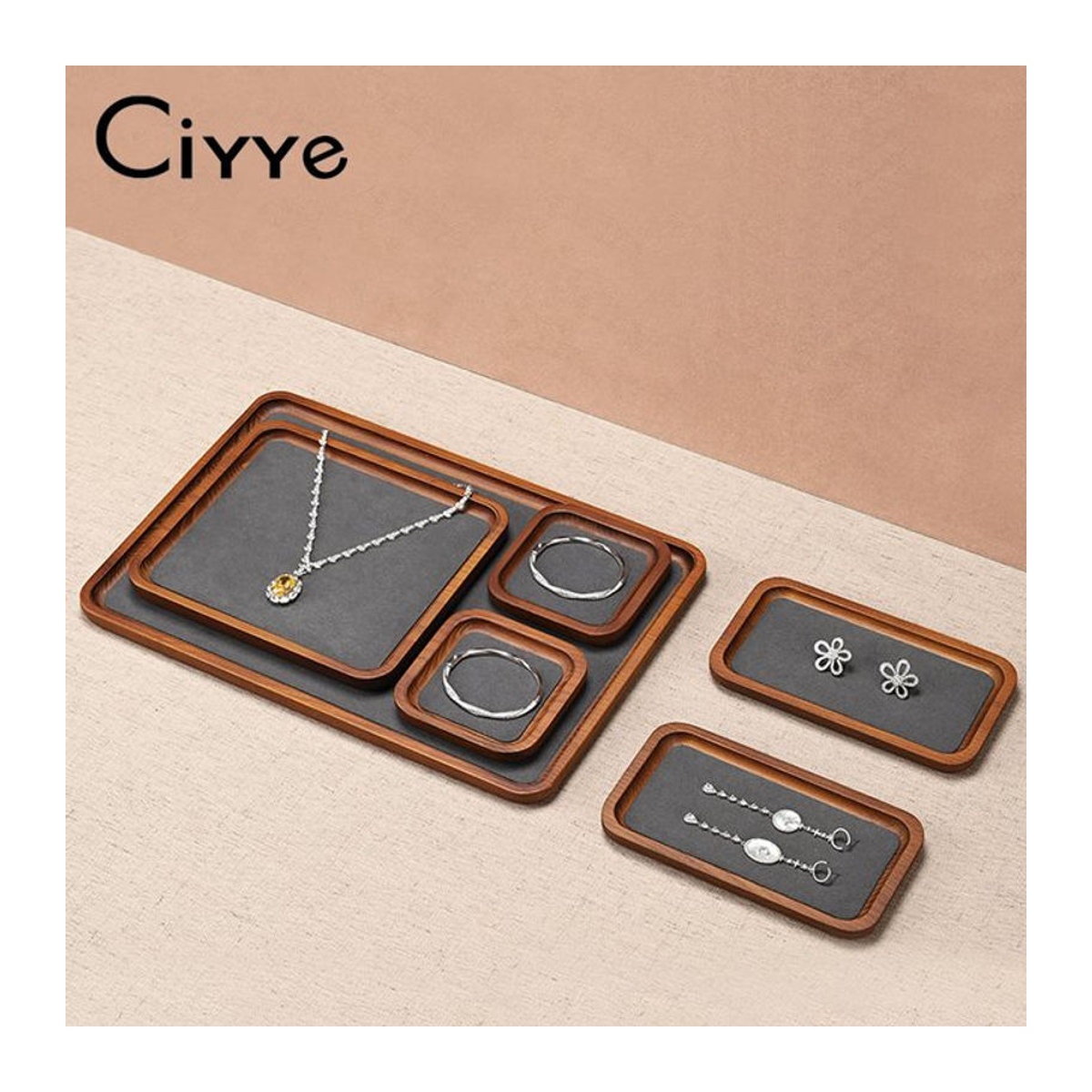 Ciyye Schmuck-Display-Tablett aus Holz als stapelbarer Organizer für Armbänder, Halsketten und Ringe in Braun oder Grau - Bild 1