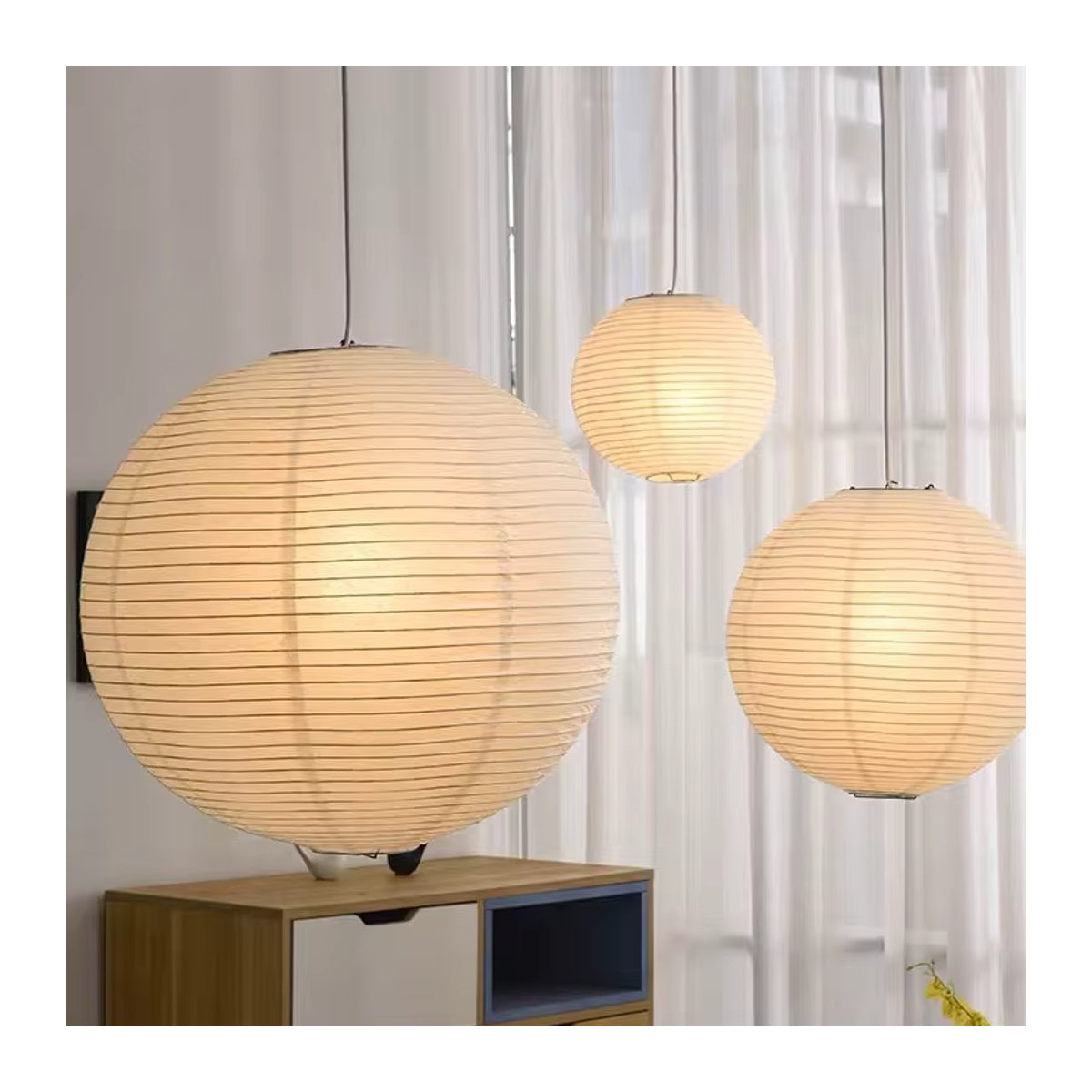 Claeted Akari Noguchi Pendelleuchte aus Papier in Beige, minimalistische runde Kugel-Hängelampe mit E27 Fassung für Wohnzimmer und Schlafzimmer - Bild 6
