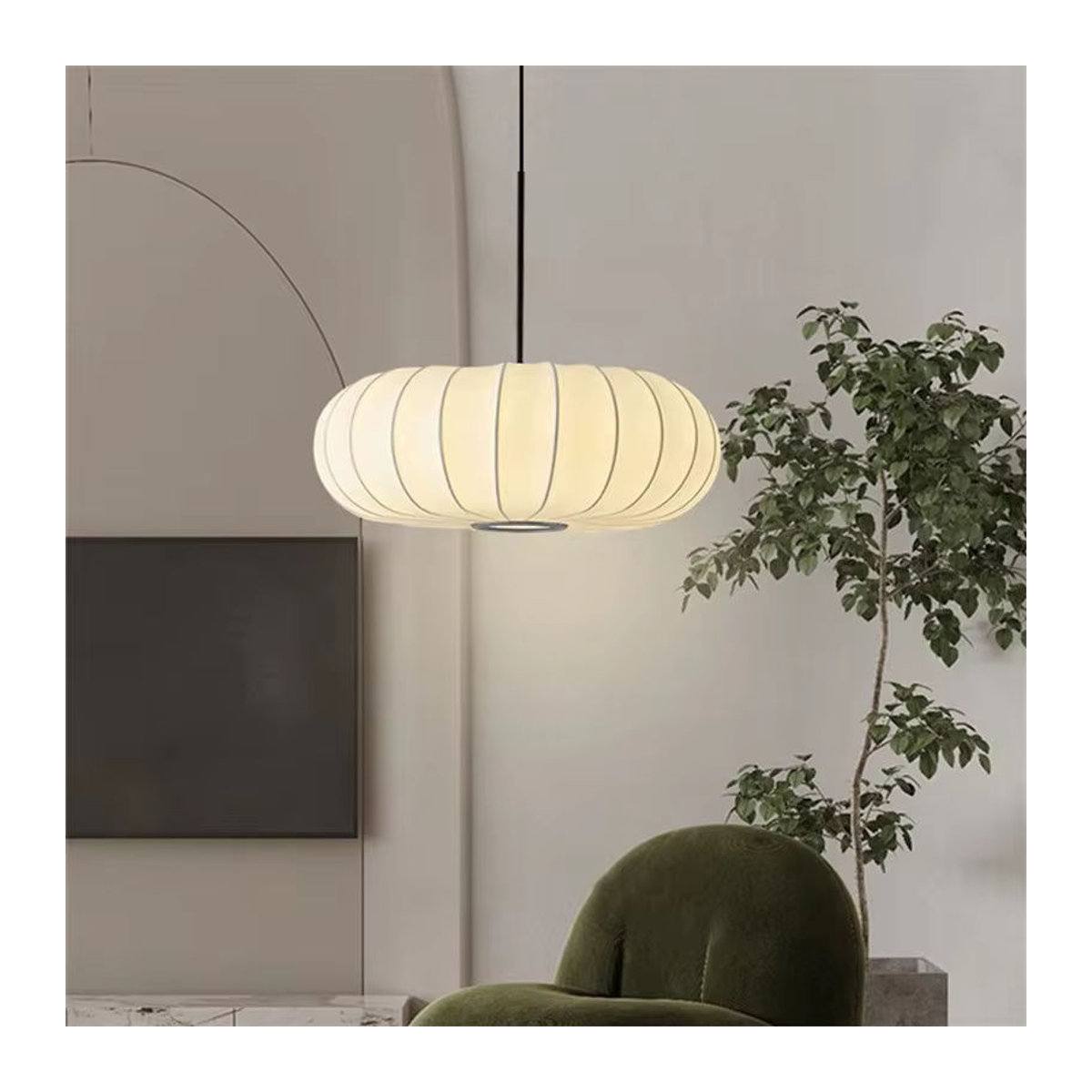 Claeted Japanische Pendelleuchte aus weißer Viskose im Retro-Stil mit Seidentrommel-Design - Bild 1