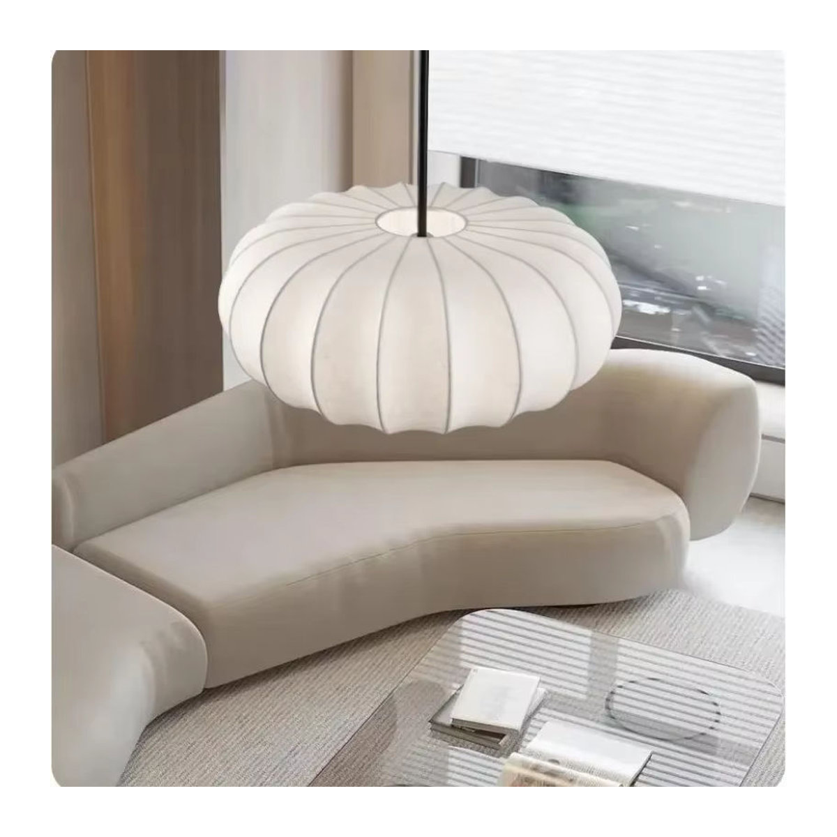 Claeted Japanische Pendelleuchte aus weißer Viskose im Retro-Stil mit Seidentrommel-Design - Bild 3