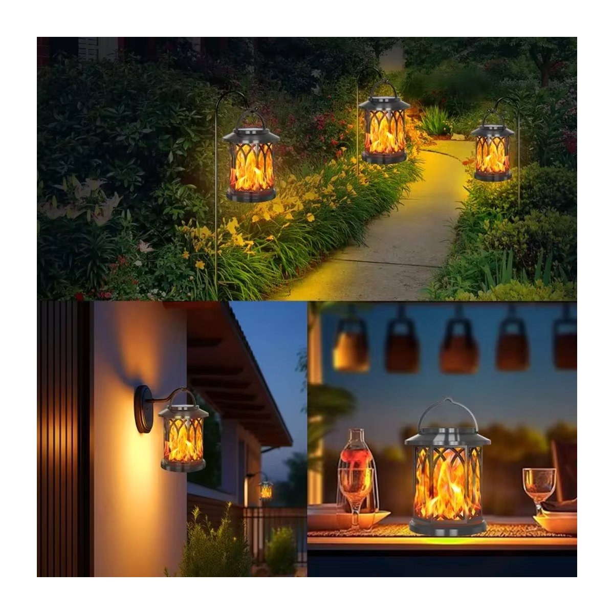 Claeted LED Solar Hof Lampe Flammen Effekt Schwarz IP65 Wasserdicht Klassische Garten Dekoration - Bild 2