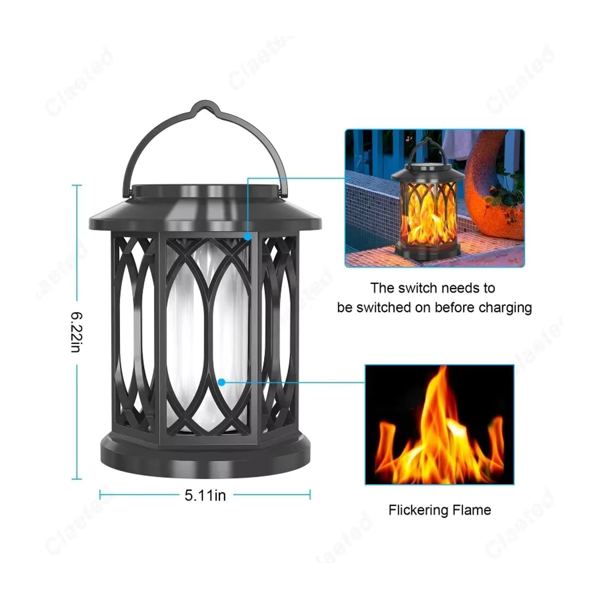 Claeted LED Solar Hof Lampe Flammen Effekt Schwarz IP65 Wasserdicht Klassische Garten Dekoration - Bild 3