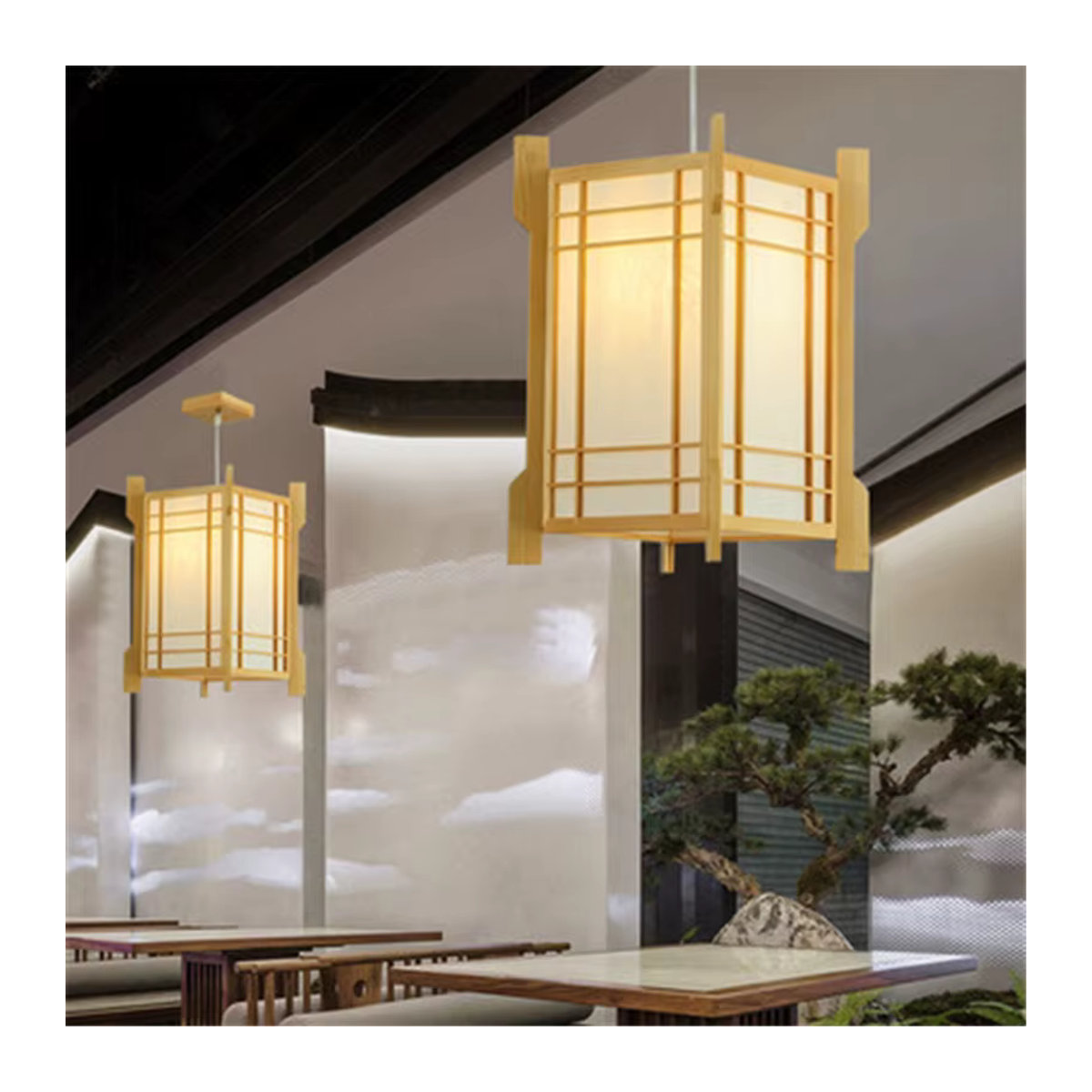 Claeted Pendelleuchte aus Holz im Japan Stil mit E27 Fassung in Gelb - Bild 2