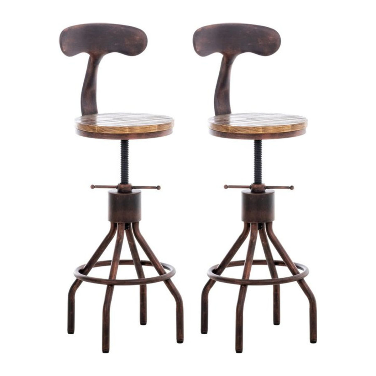CLP 2er Set Barhocker Hanam im Industrial-Design aus Metall und Kiefer Holz in Braun mit Rückenlehne und Höhenverstellung - Bild 1
