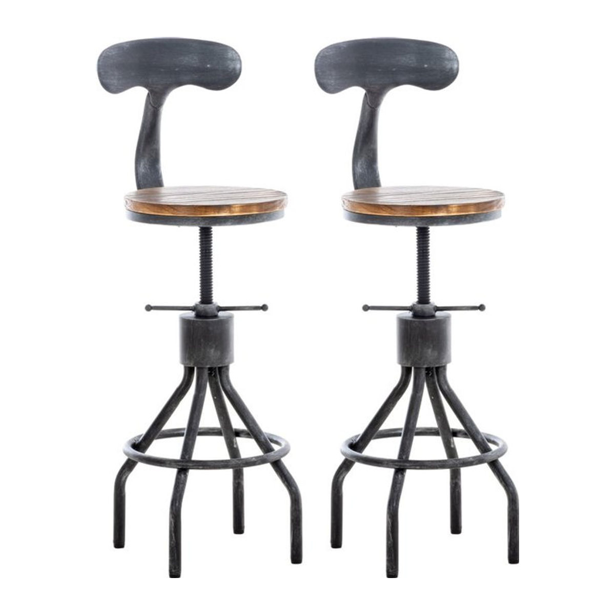 CLP 2er Set Barhocker Hanam im Industrial-Design mit höhenverstellbarem Metallgestell und Holzsitz in Antik Silber - Bild 1