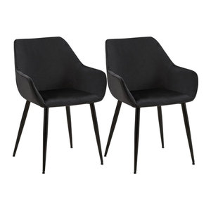 CLP Esszimmerstühle 2er Set Luena gepolsterte Küchenstühle mit Lehne und schwarzem Metallgestell in Schwarz Modern