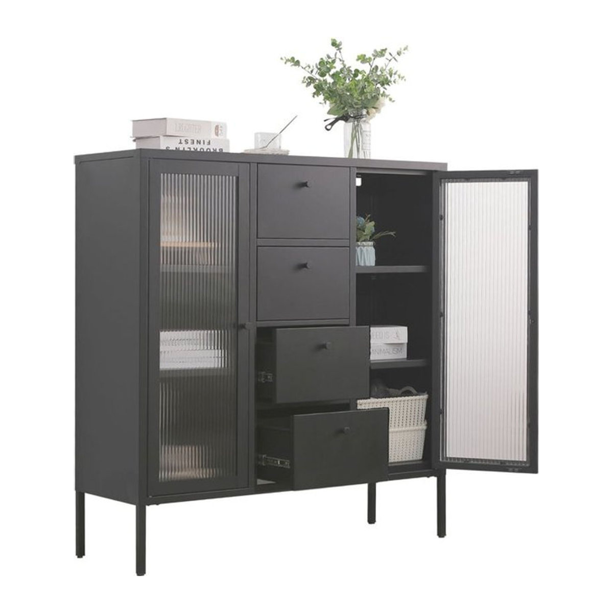 Coemo Highboard Paris Modern Schwarz Metall und Glas mit 4 Schubladen B/T/H: 105 x 35 x 110 cm - Bild 1
