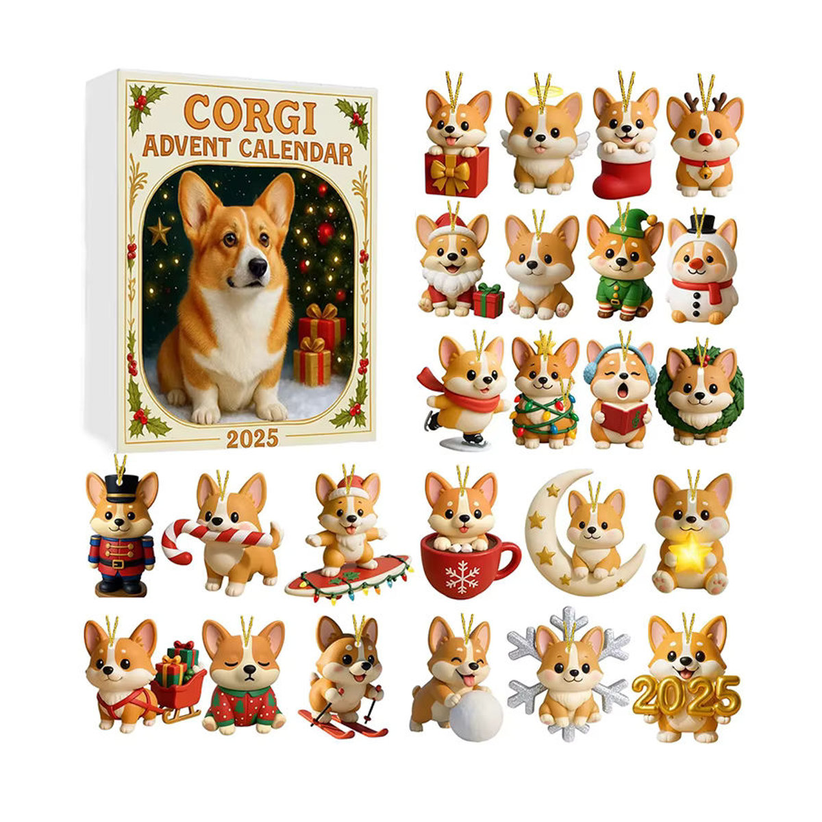 Coigi Adventskalender 2025 mit 24 Tagen Countdown und niedlichen Corgi-Mini-Ornamenten als Weihnachtsdekoration in Multicolor und Weiß - Bild 2