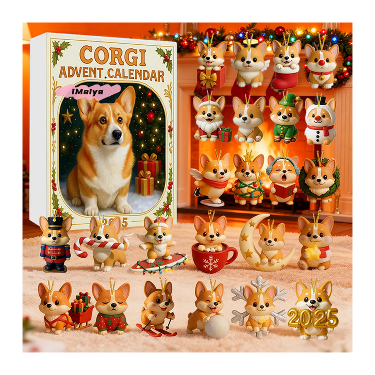 Coigi Adventskalender 2025 mit 24 Tagen Countdown, Weihnachtsdekorationsset mit Corgi-Hundethema und mehrfarbigen Mini-Ornamenten aus Kunstharz - Bild 1