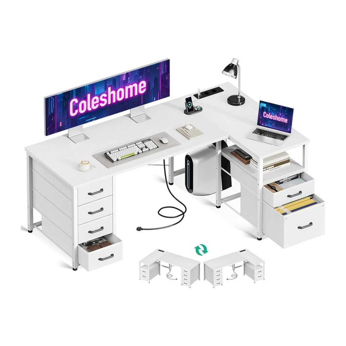 Coleshome Eckschreibtisch in L-Form mit Stoffschubladen und Aktenschublade, Modern, Weiß, B: 140 cm, T: 80 cm - Bild 1