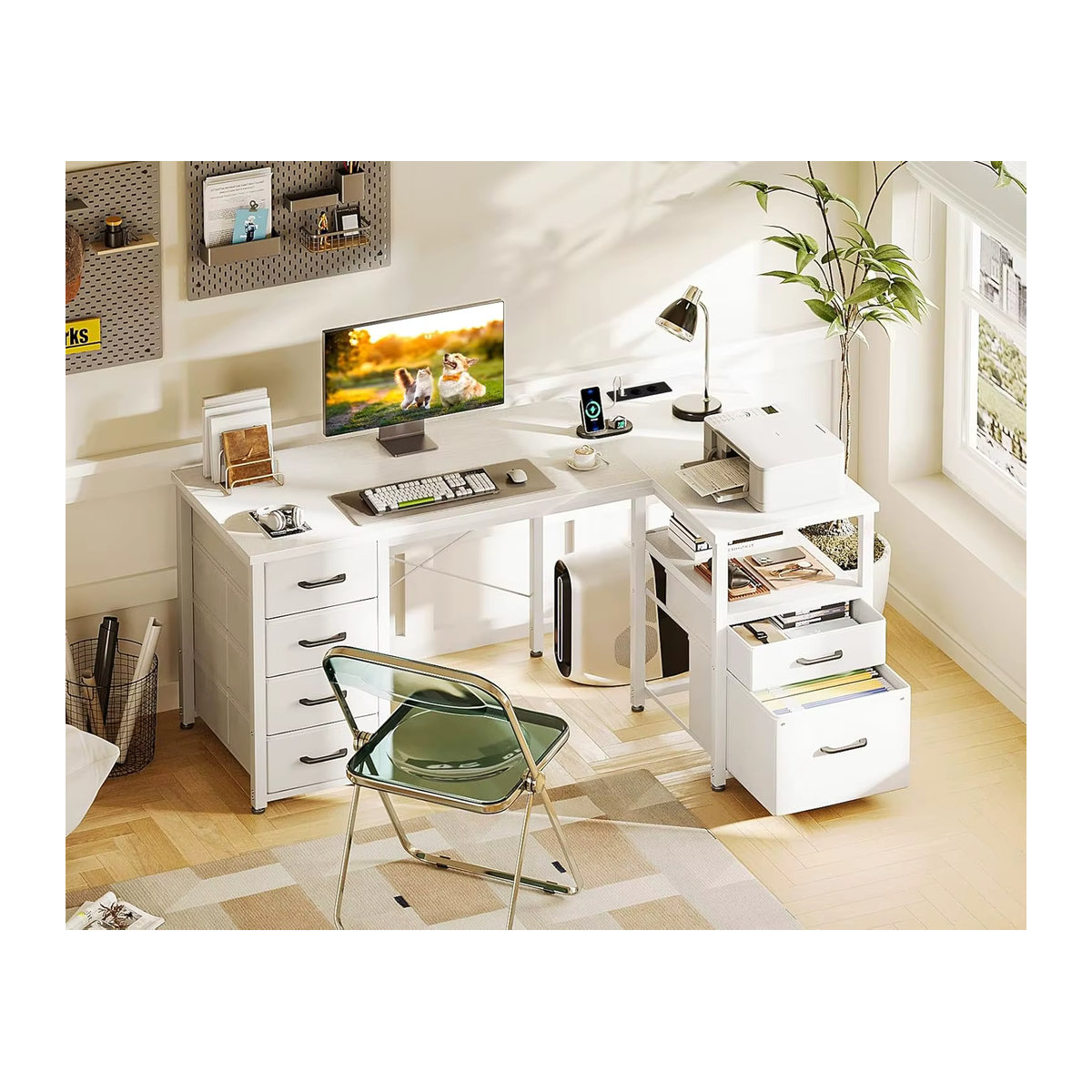 Coleshome Eckschreibtisch in L-Form mit Stoffschubladen und Aktenschublade, Modern, Weiß, B: 140 cm, T: 80 cm - Bild 3