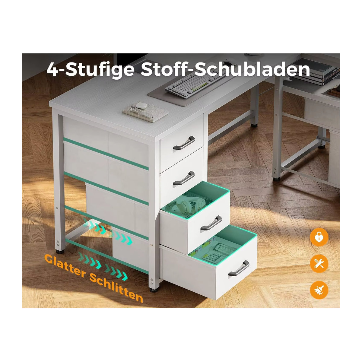 Coleshome Eckschreibtisch in L-Form mit Stoffschubladen und Aktenschublade, Modern, Weiß, B: 140 cm, T: 80 cm - Bild 4