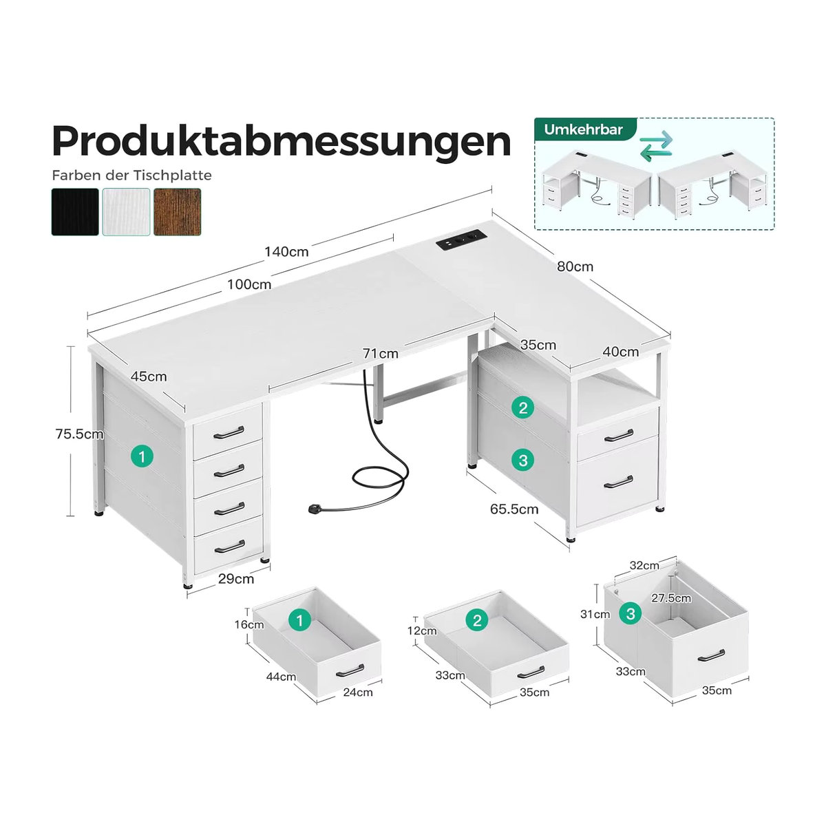 Coleshome Eckschreibtisch in L-Form mit Stoffschubladen und Aktenschublade, Modern, Weiß, B: 140 cm, T: 80 cm - Bild 5