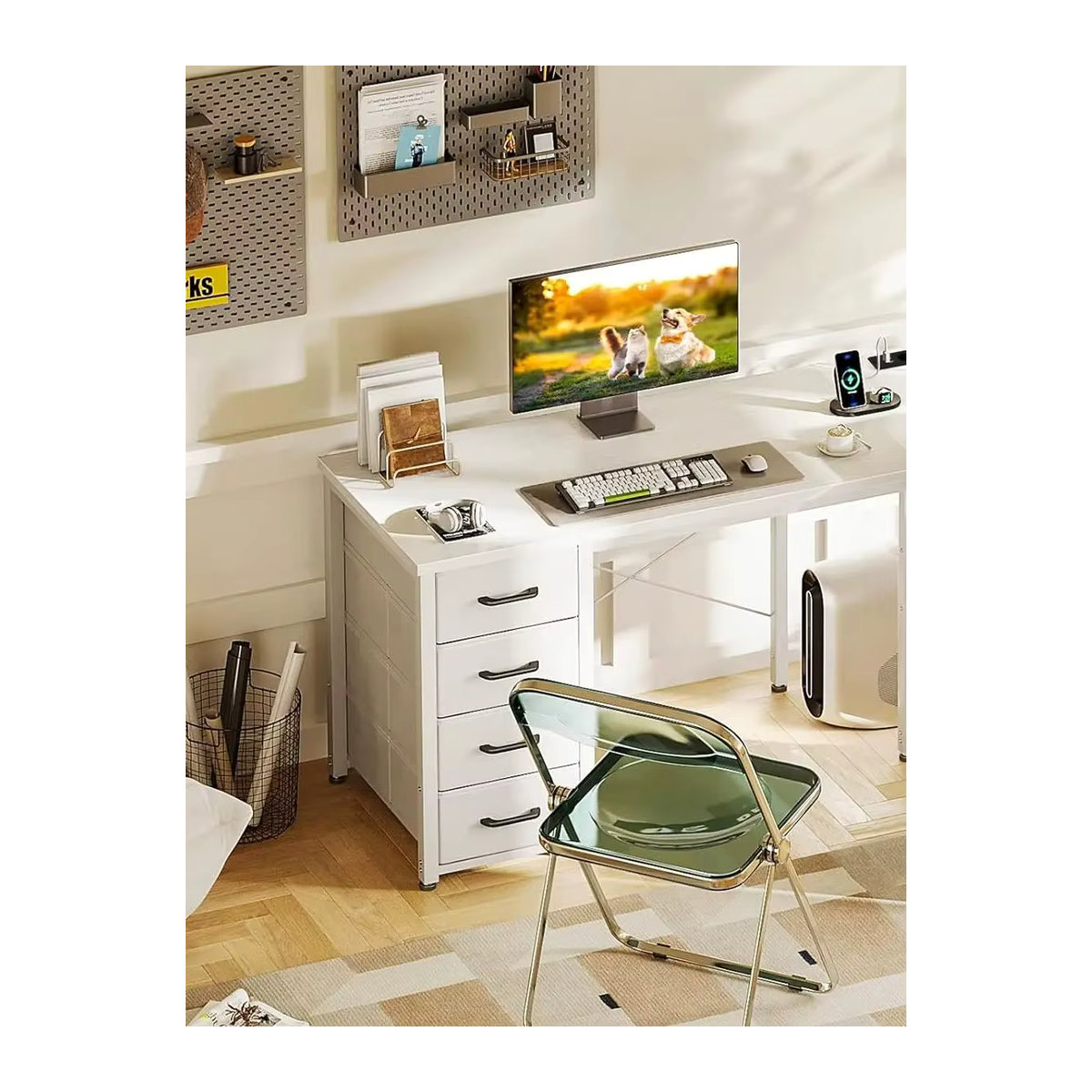 Coleshome Eckschreibtisch in L-Form mit Stoffschubladen und Aktenschublade, Modern, Weiß, B: 140 cm, T: 80 cm - Bild 6