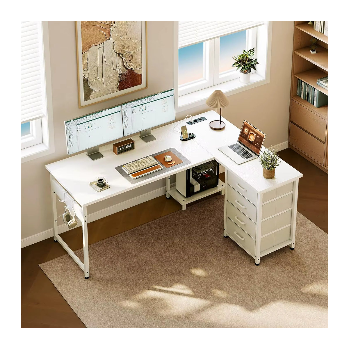 Coleshome Eckschreibtisch mit 4 Schubladen in Weiß, reversibler Schreibtisch für dein Homeoffice, B: 135 cm, T: 100 cm - Bild 2