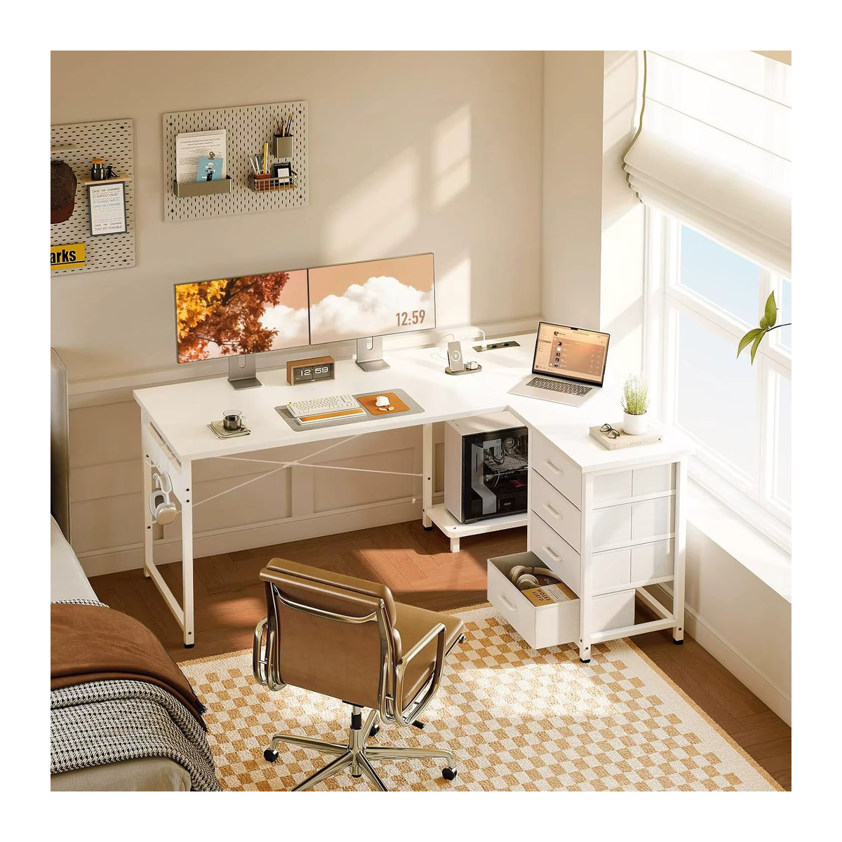 Coleshome Eckschreibtisch mit 4 Schubladen in Weiß, reversibler Schreibtisch für dein Homeoffice, B: 135 cm, T: 100 cm - Bild 3