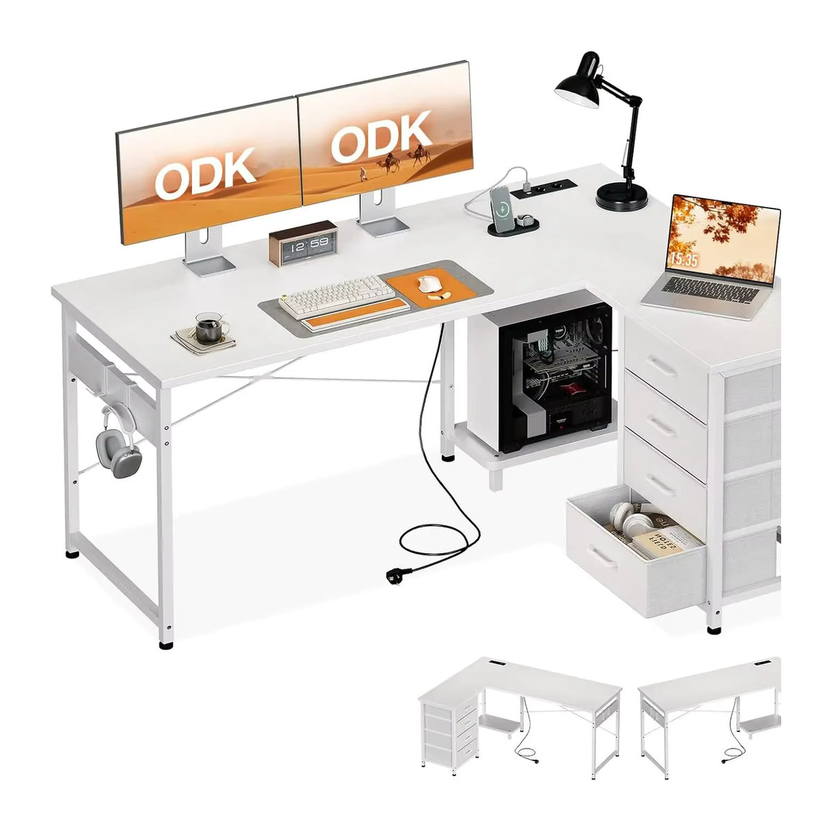 Coleshome Eckschreibtisch mit 4 Schubladen in Weiß, reversibler Schreibtisch für dein Homeoffice, B: 135 cm, T: 100 cm - Bild 5
