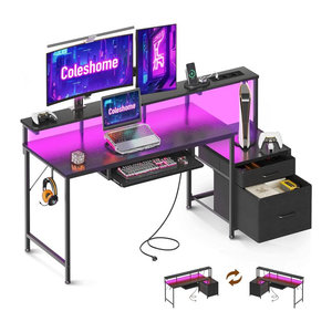 Coleshome Gaming Desk mit LED, Schwarz, mit Monitorständer, Stoffschubladen, 2 Steckdosen und 2 USB-Ports, Breite: 140 cm, Tiefe: 48 cm