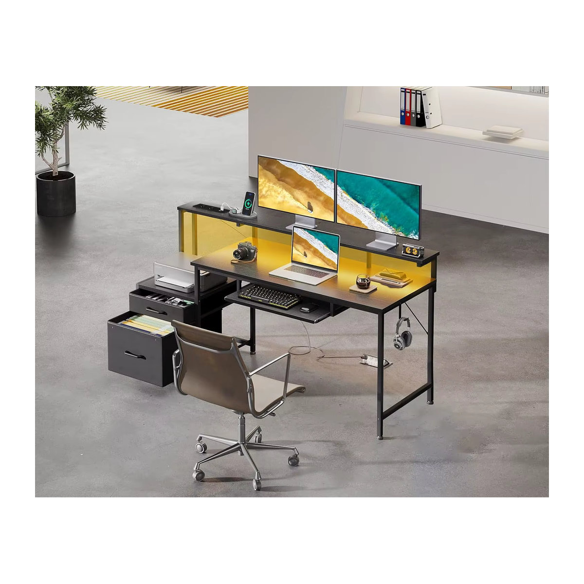 Coleshome Gaming Desk mit LED, Schwarz, mit Monitorständer, Stoffschubladen, 2 Steckdosen und 2 USB-Ports, Breite: 140 cm, Tiefe: 48 cm - Bild 2