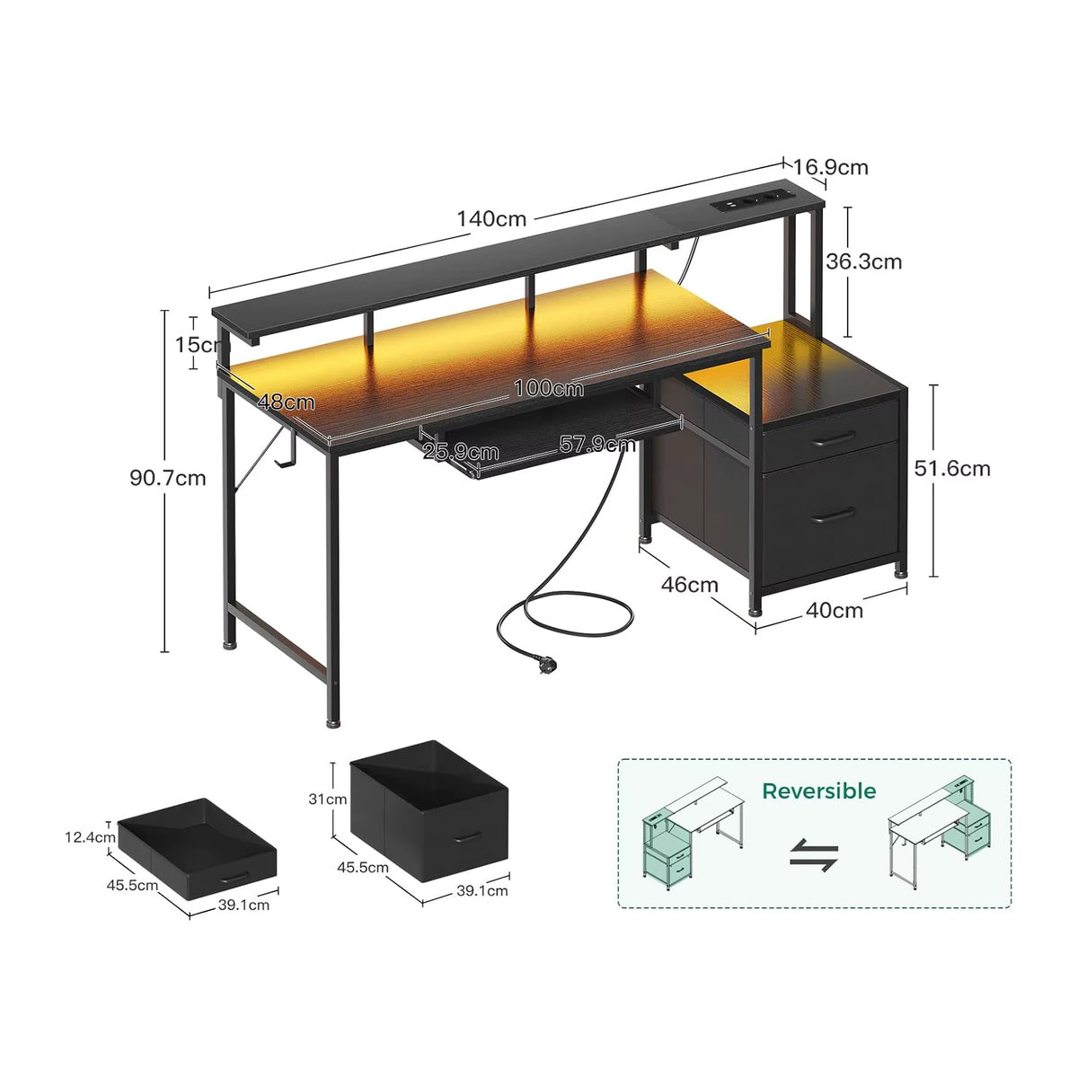 Coleshome Gaming Desk mit LED, Schwarz, mit Monitorständer, Stoffschubladen, 2 Steckdosen und 2 USB-Ports, Breite: 140 cm, Tiefe: 48 cm - Bild 3