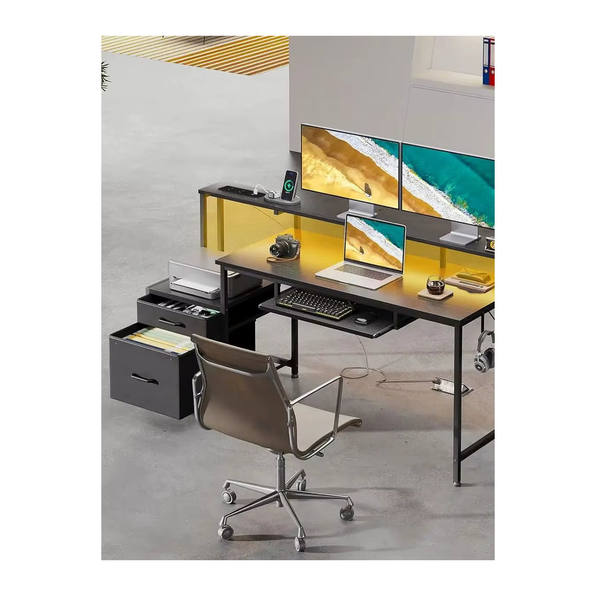Coleshome Gaming Desk mit LED, Schwarz, mit Monitorständer, Stoffschubladen, 2 Steckdosen und 2 USB-Ports, Breite: 140 cm, Tiefe: 48 cm - Bild 4