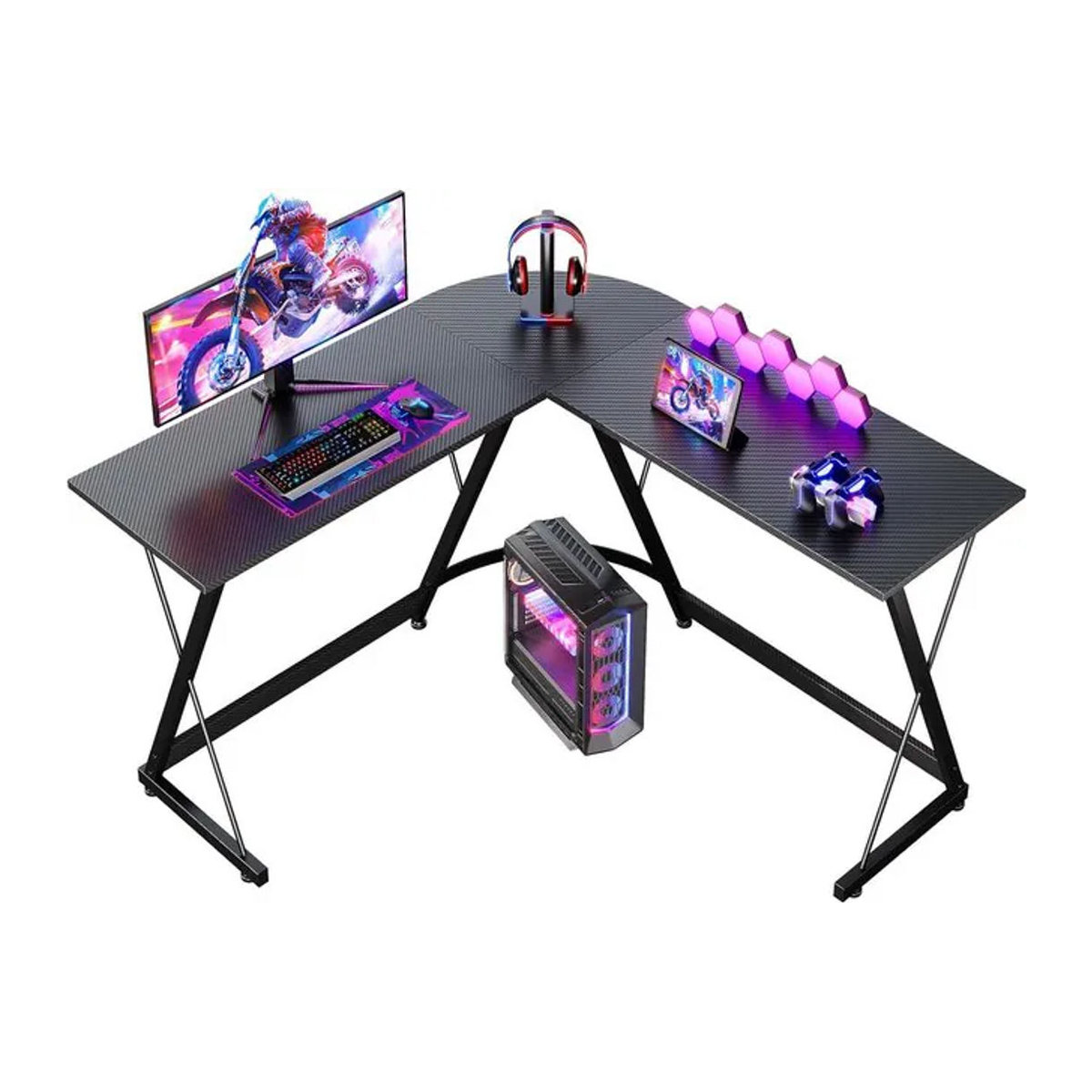 Coleshome Gaming Schreibtisch in L-Form aus Metall mit Kohlefaser-Optik, Schwarz, B/T: 120 x 120 cm - Bild 1