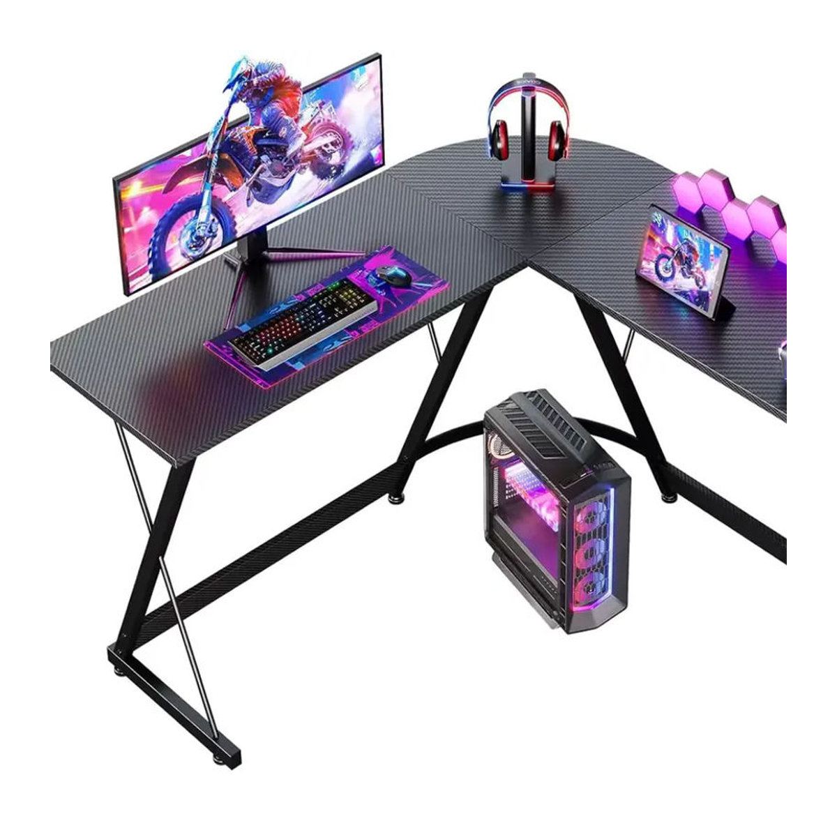 Coleshome Gaming Schreibtisch in L-Form aus Metall mit Kohlefaser-Optik, Schwarz, B/T: 120 x 120 cm - Bild 5