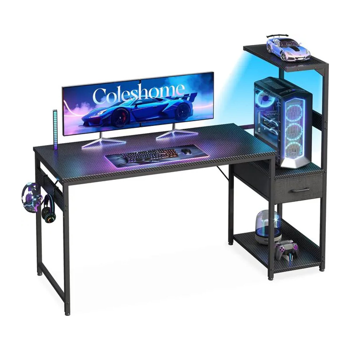 Coleshome Gaming Tisch mit LED-Beleuchtung in Schwarz mit Schubladen und Regal, B/T: 138 x 48 cm - Bild 1