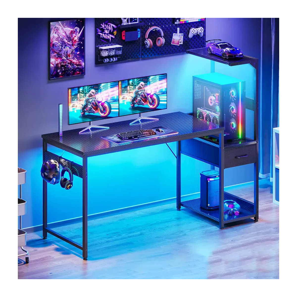 Coleshome Gaming Tisch mit LED-Beleuchtung in Schwarz mit Schubladen und Regal, B/T: 138 x 48 cm - Bild 2